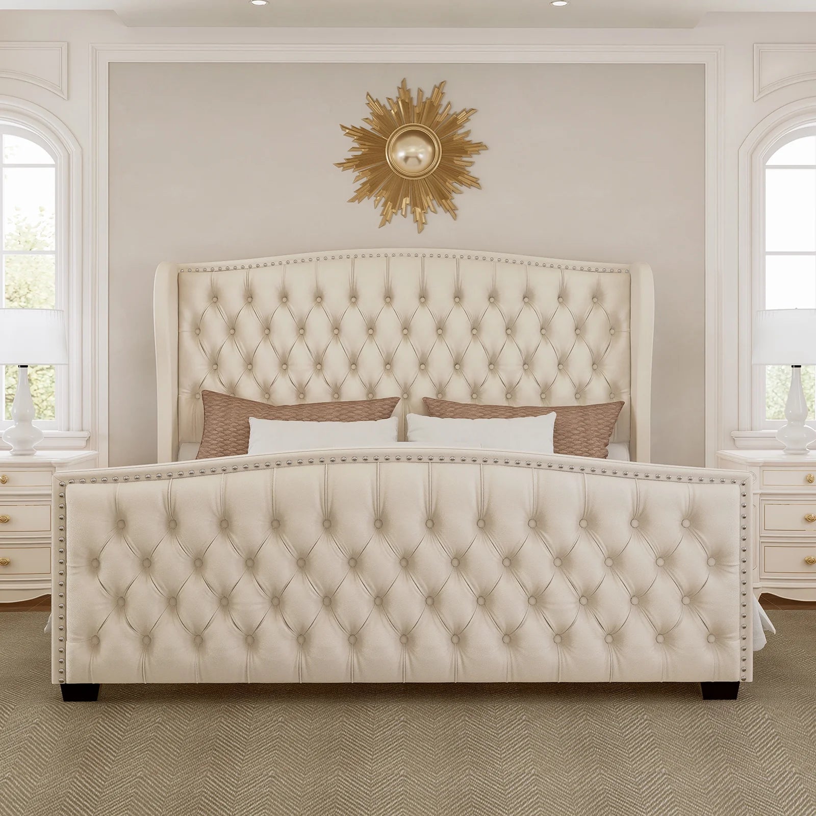 Queen Platform Bed Frame with Wingback Headboard, Cream