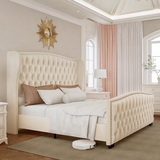Queen Platform Bed Frame with Wingback Headboard, Cream
