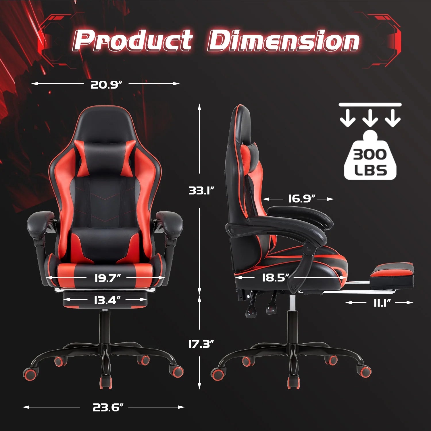PU Leather Gaming Chair Massage Ergonomic Gamer Chair Height Adjustable Computer Chair with Footrest & Lumbar Support,Red