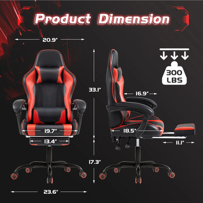 PU Leather Gaming Chair Massage Ergonomic Gamer Chair Height Adjustable Computer Chair with Footrest & Lumbar Support,Red