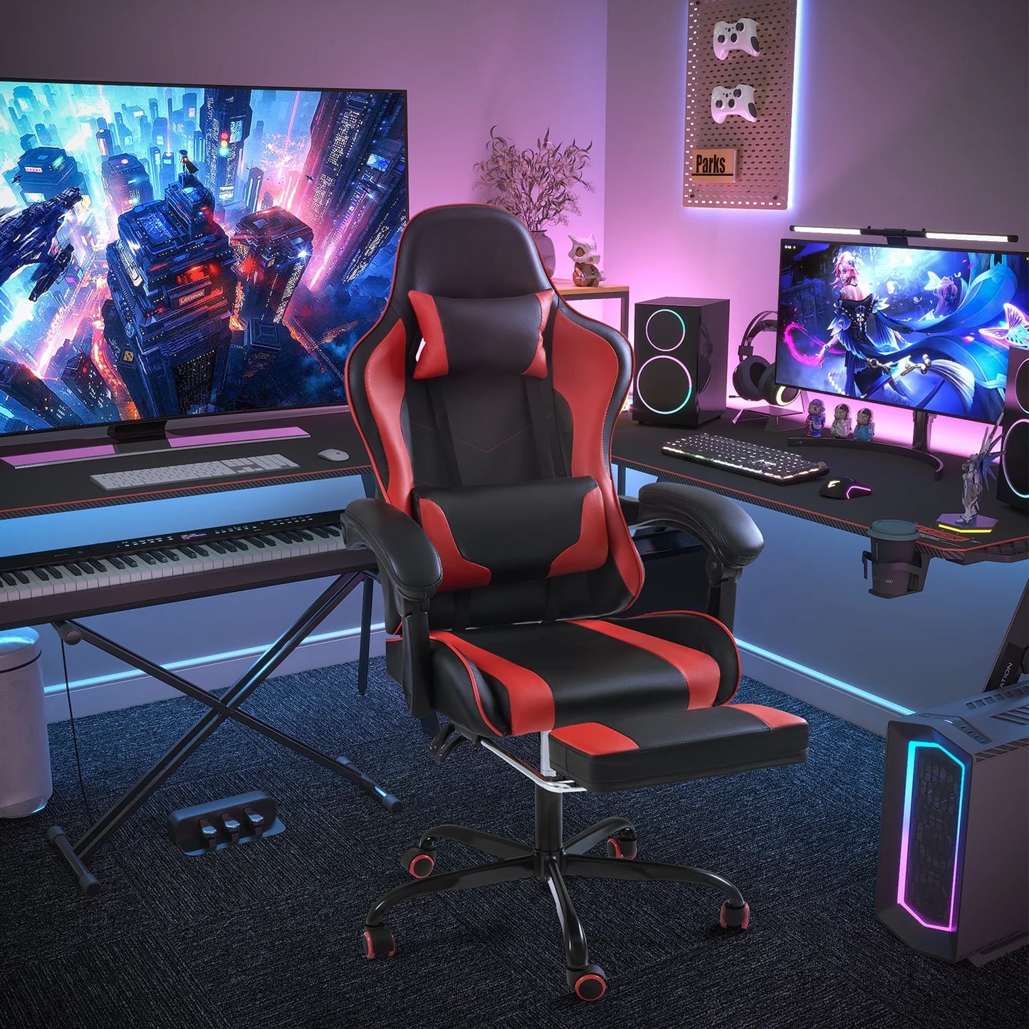 PU Leather Gaming Chair Massage Ergonomic Gamer Chair Height Adjustable Computer Chair with Footrest & Lumbar Support,Red