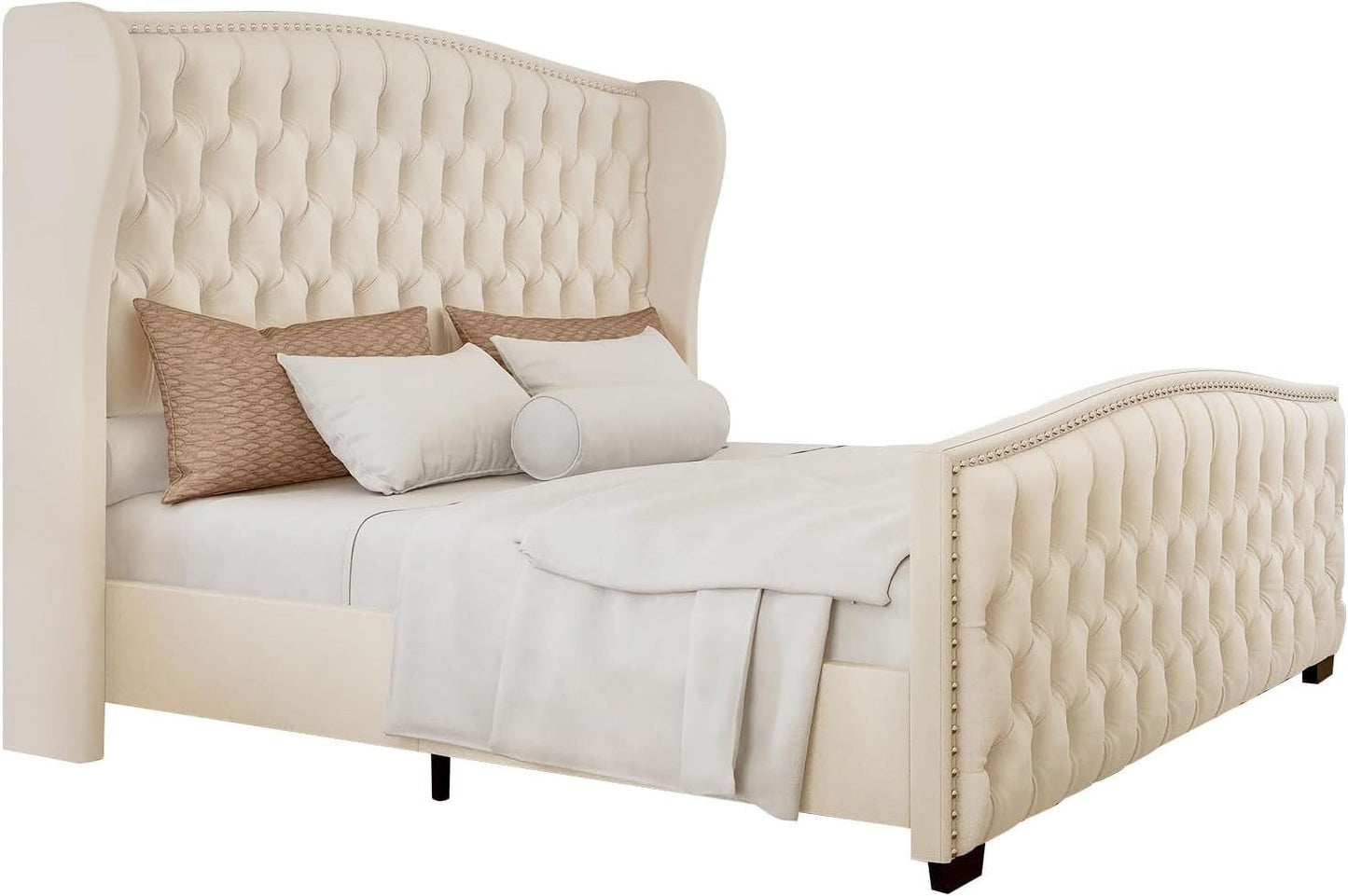 Queen Platform Bed Frame with Wingback Headboard, Cream