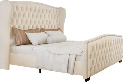 Queen Platform Bed Frame with Wingback Headboard, Cream