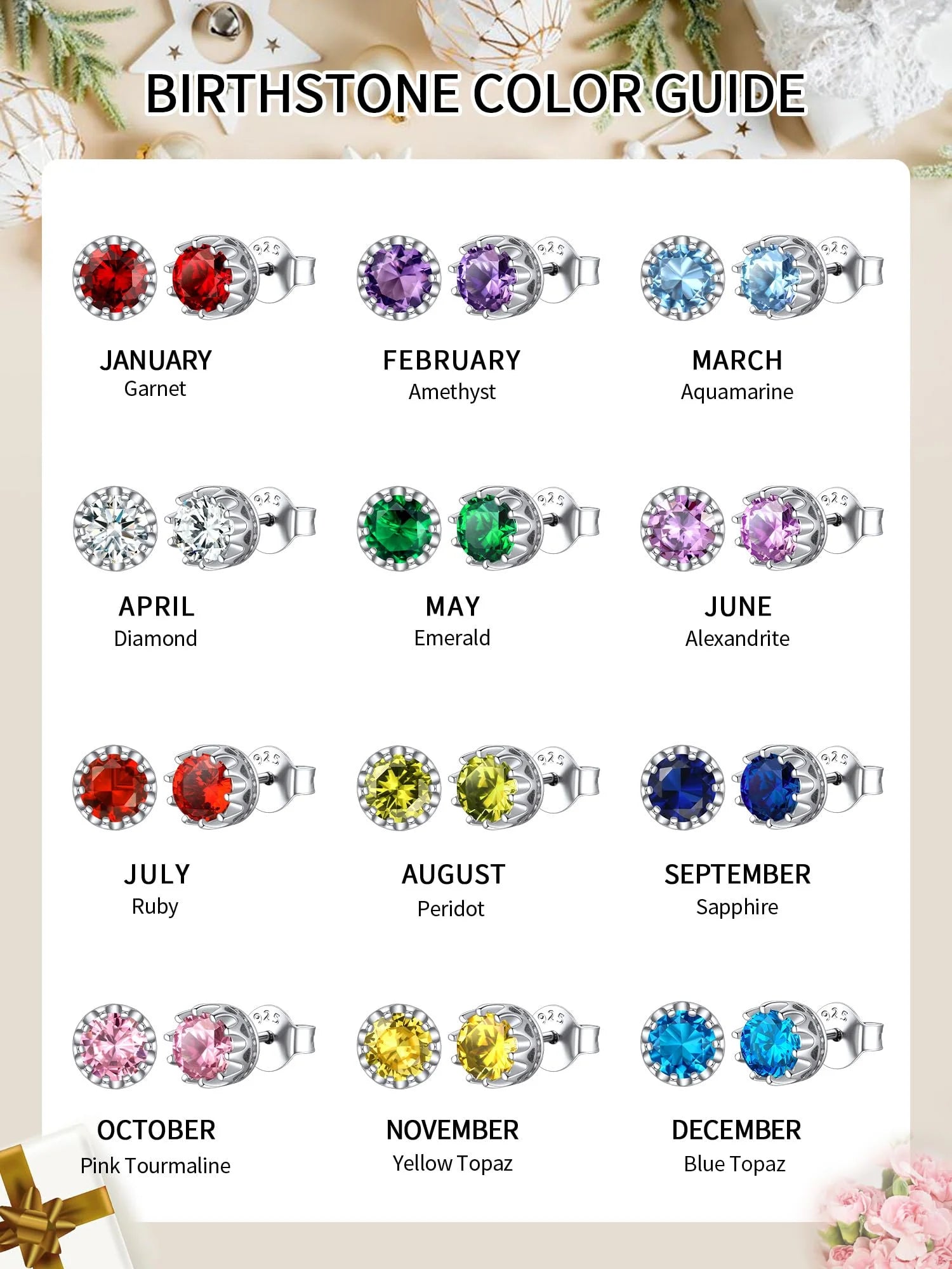 925 Sterling Silver Stud Earrings for Women 5Mm round Brilliant Crown Birthstone Birthday Party Prom Jewelry Gift