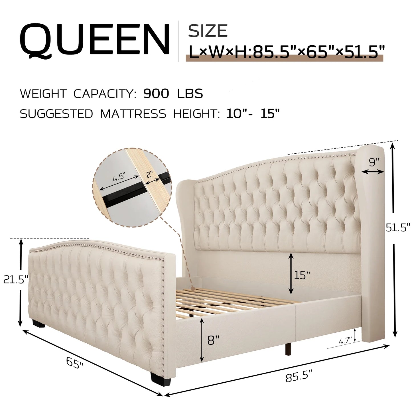 Queen Platform Bed Frame with Wingback Headboard, Cream