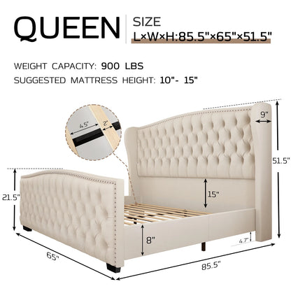 Queen Platform Bed Frame with Wingback Headboard, Cream