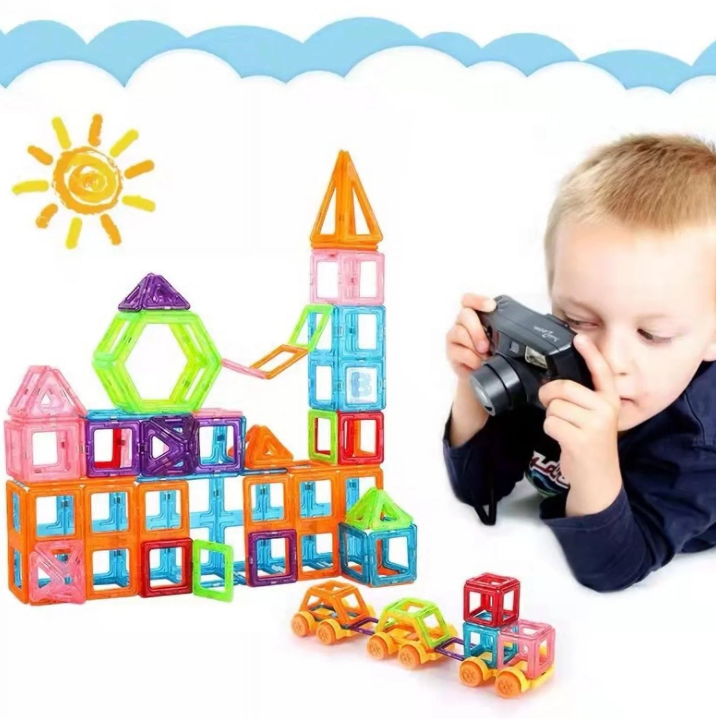 100Pcs Magnetic Tiles Set - Building Construction Kit Educational Toys for Your Kids (Stronger Magnets)