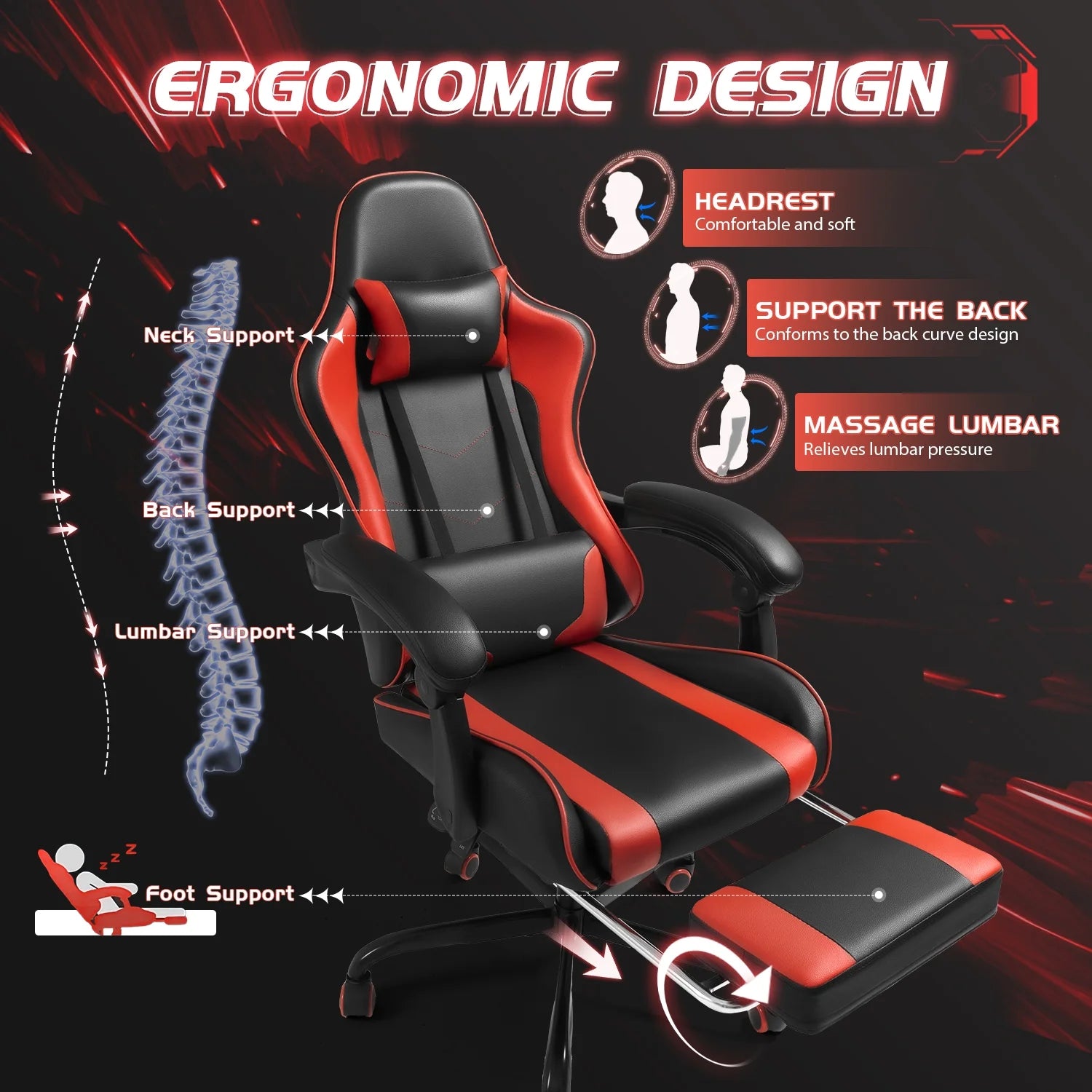 PU Leather Gaming Chair Massage Ergonomic Gamer Chair Height Adjustable Computer Chair with Footrest & Lumbar Support,Red