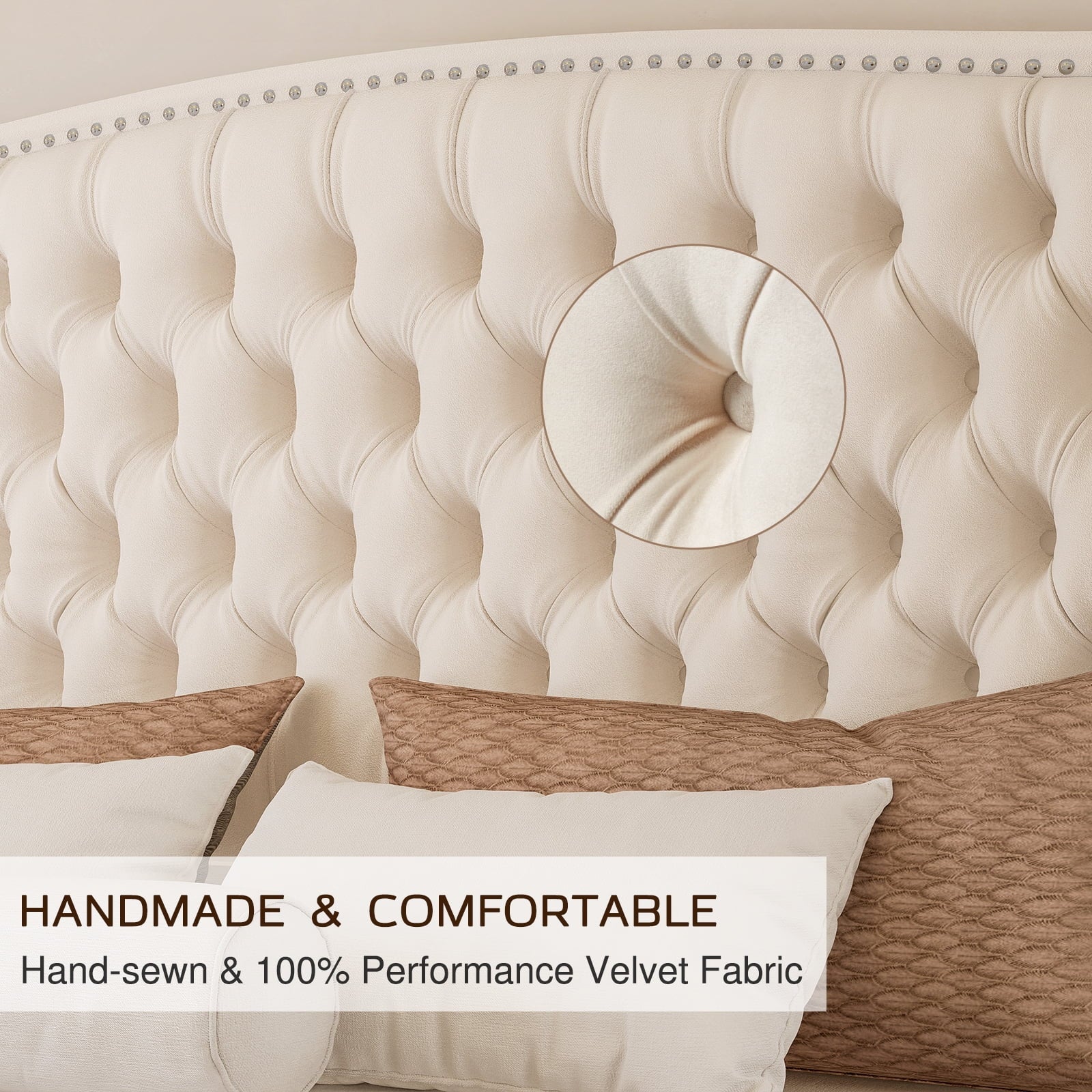 Queen Platform Bed Frame with Wingback Headboard, Cream