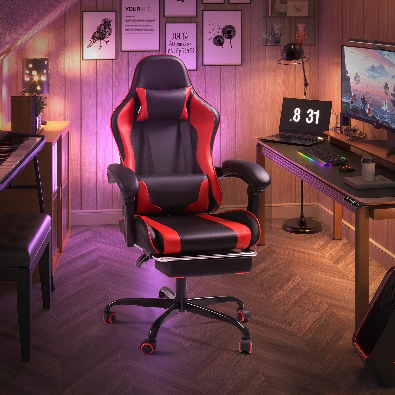 PU Leather Gaming Chair Massage Ergonomic Gamer Chair Height Adjustable Computer Chair with Footrest & Lumbar Support,Red