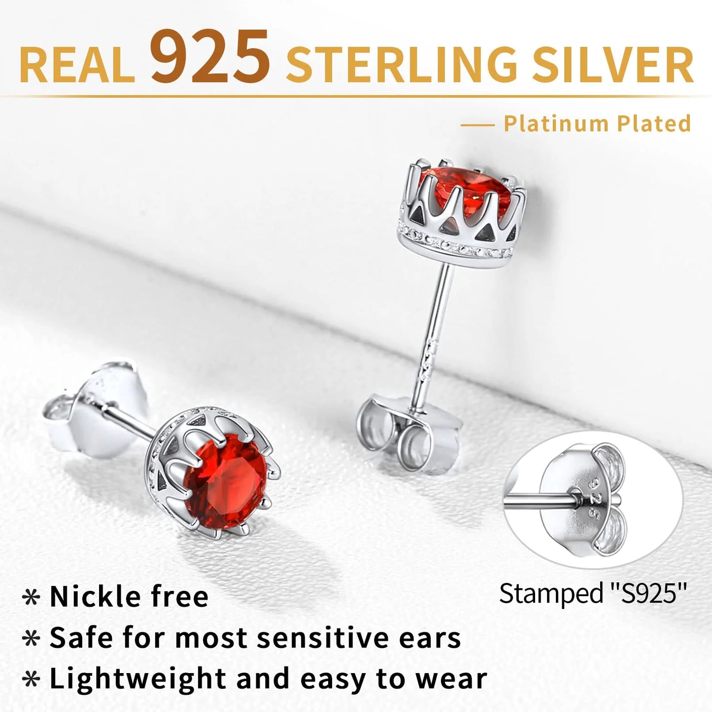 925 Sterling Silver Stud Earrings for Women 5Mm round Brilliant Crown Birthstone Birthday Party Prom Jewelry Gift