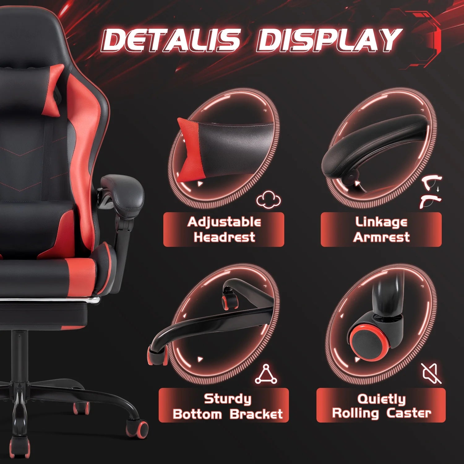 PU Leather Gaming Chair Massage Ergonomic Gamer Chair Height Adjustable Computer Chair with Footrest & Lumbar Support,Red