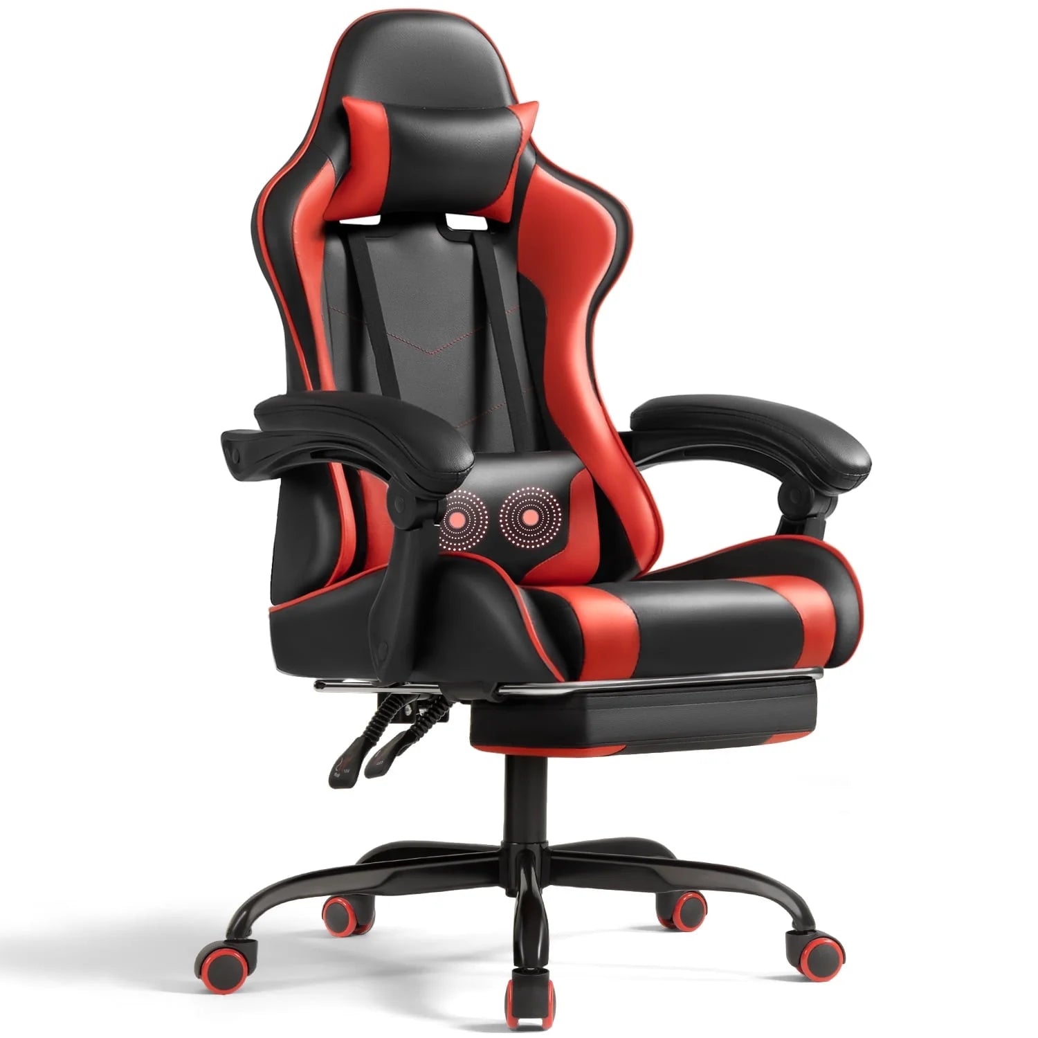 PU Leather Gaming Chair Massage Ergonomic Gamer Chair Height Adjustable Computer Chair with Footrest & Lumbar Support,Red