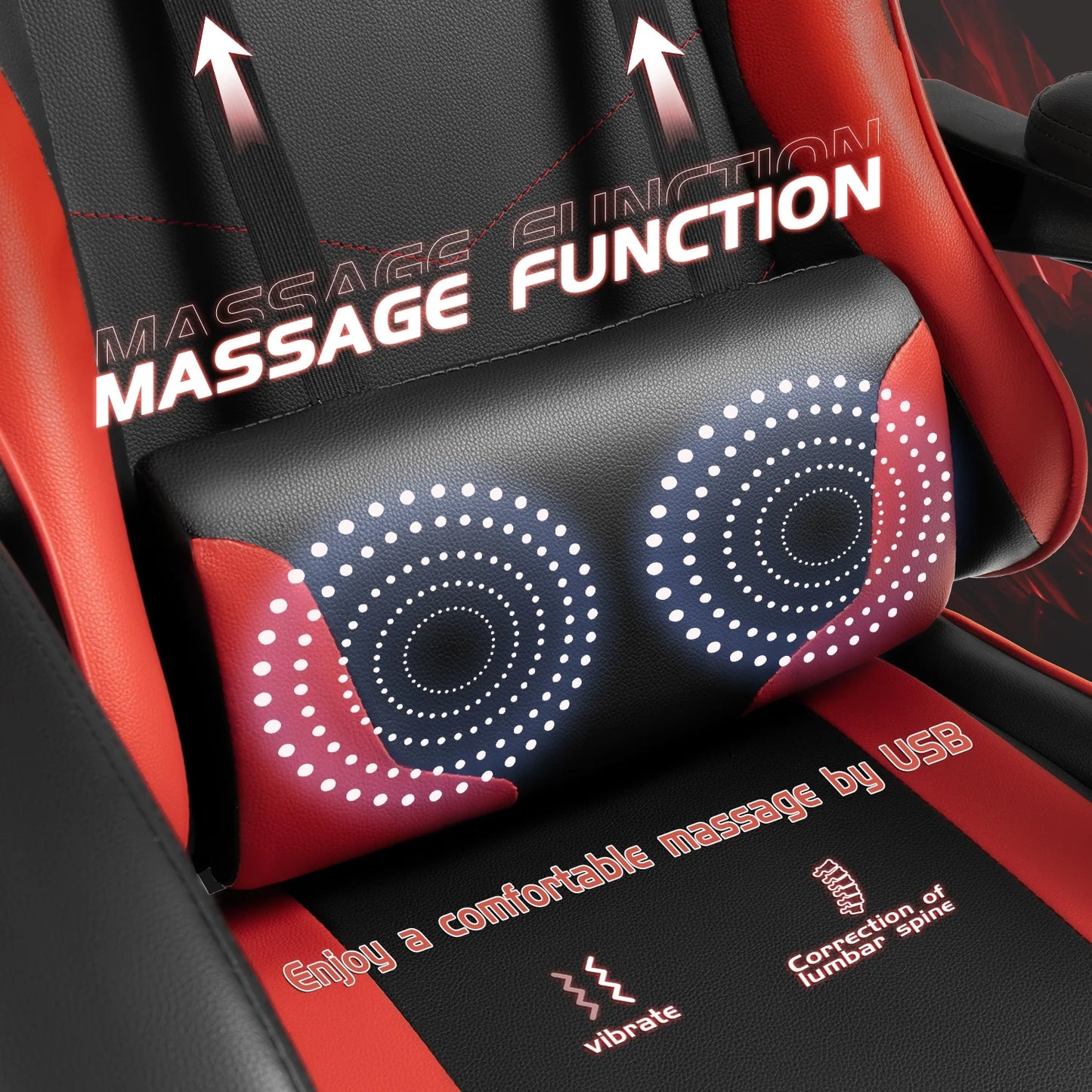 PU Leather Gaming Chair Massage Ergonomic Gamer Chair Height Adjustable Computer Chair with Footrest & Lumbar Support,Red